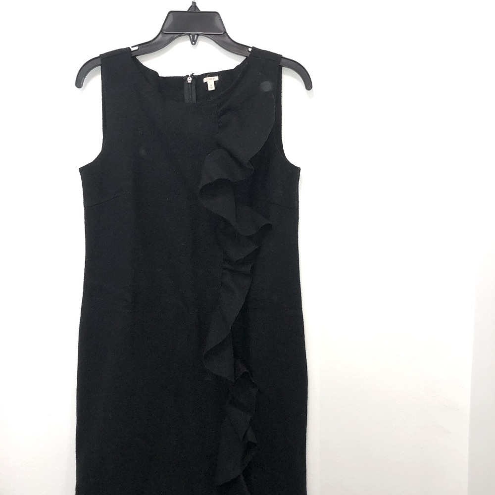 J. Crew sheath dress, wool, ruffle on left front, black, hit above knee, size 4.